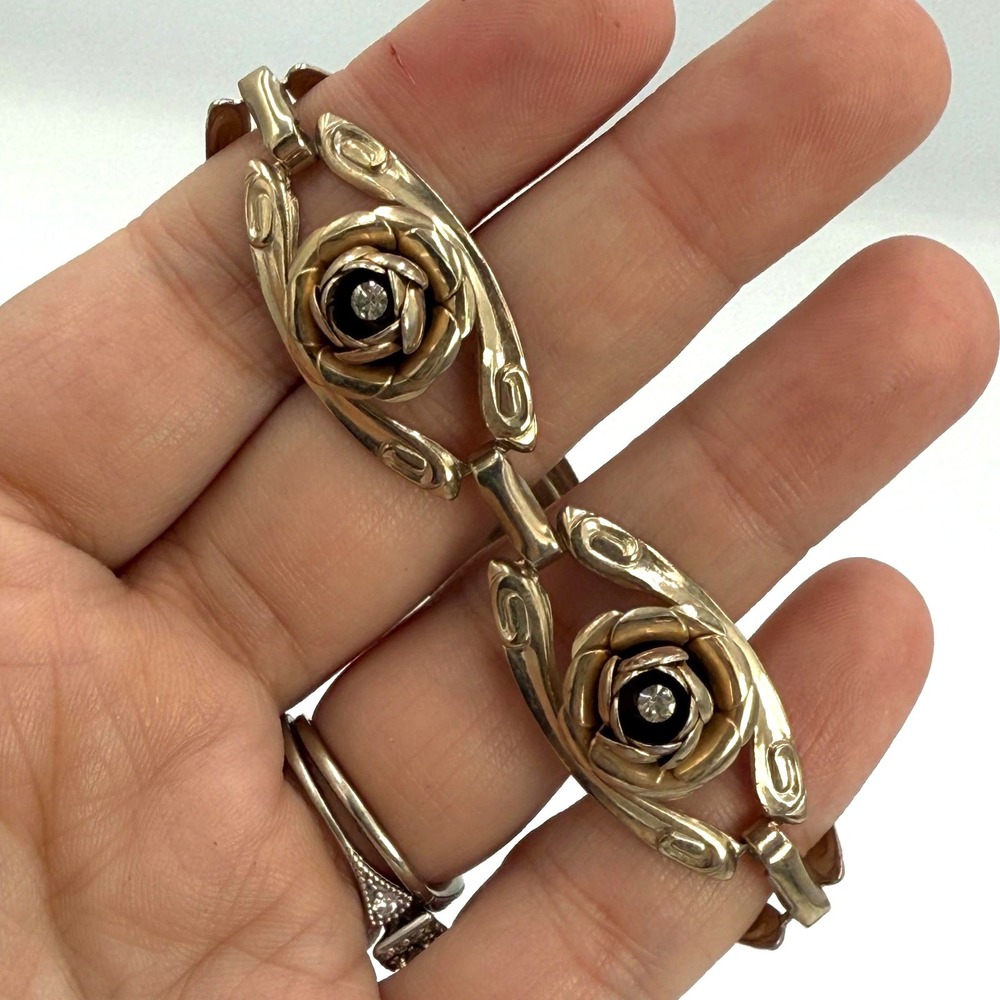 Vintage Floral Link Bracelet‎ Gold Tone Rose Rhinestone
